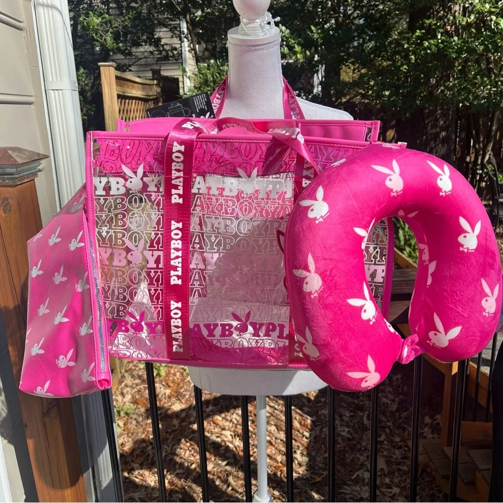 Playboy Travel Tote PINK Signature Logo Clear Thick PVC Vinyl 4 Piece Set NWT - Picture 8 of 14